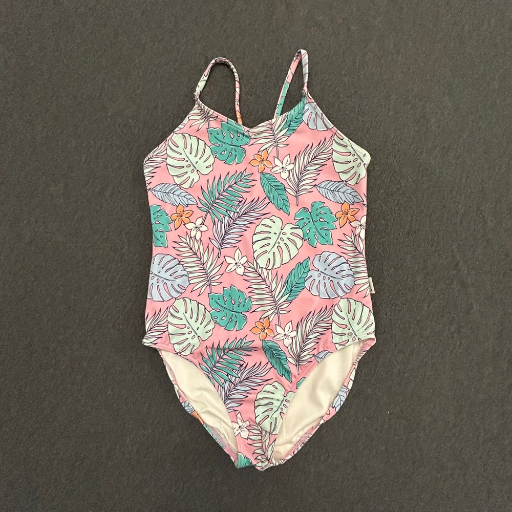 Quince Girls Size 7 One Piece Swimsuit Pink Tropical Leaf Floral Print‎